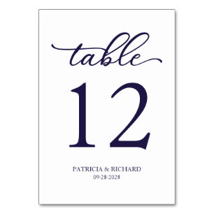 Elegant Script Marine Blauw Bruiloft Tafel Nummer Kaart
