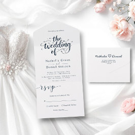 Elegant Script Marine Blauw en Wit Modern Wedding All In One Uitnodiging
