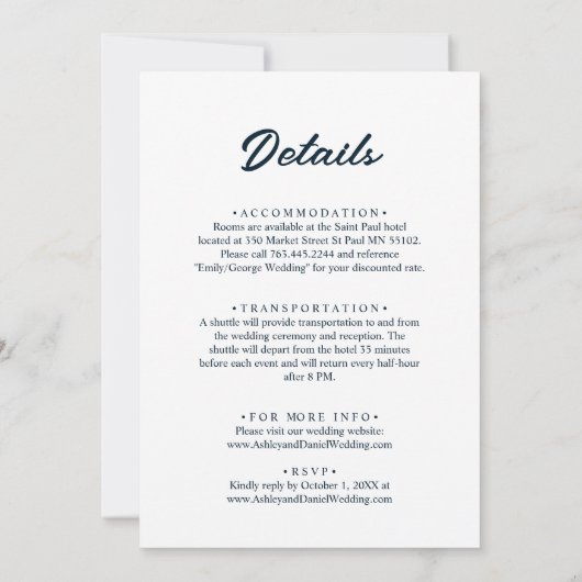 Elegant Script Marine Blauw en Wit Modern Wedding Kaart (Achterkant)