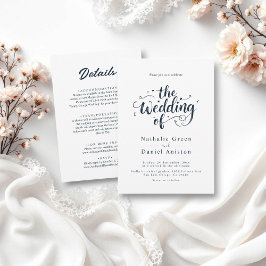 Elegant Script Marine Blauw en Wit Modern Wedding Kaart