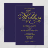 Elegant Script Marine Blauw Geel Huwelijk Kaart (Voorkant / Achterkant)