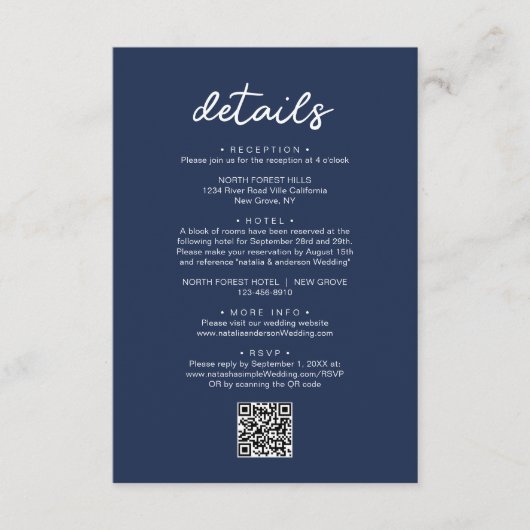Elegant Script Marine Blauw QR Code Bruiloft Detai Informatiekaartje (Voorkant)