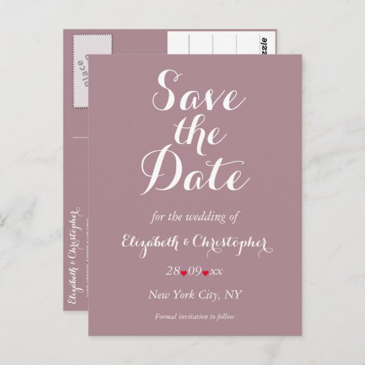 Elegant Script Mauve Bruiloft Bewaar de datum Briefkaart (Voorkant / Achterkant)