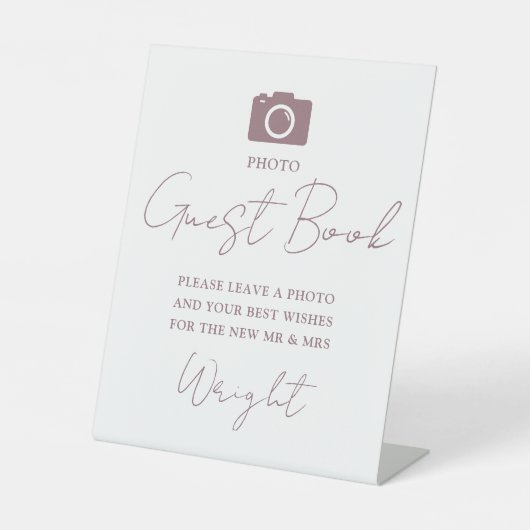 Elegant script Mauve Foto Gastboek Trouwen Reclamebord Met Voetstuk (Voorkant)