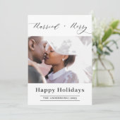 Elegant Script Merried Merry Photo Christmas Feestdagenkaart (Staand voorkant)