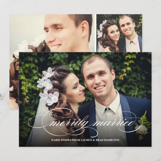 Elegant Script Merrily Married Holiday Foto Feestdagenkaart (Voorkant / Achterkant)