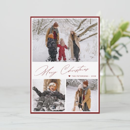 Elegant script Merry Christmas 3 fotocollage Feestdagenkaart (Staand voorkant)