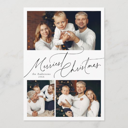 Elegant Script Merry Christmas Family 3 Photo Feestdagenkaart (Voorkant)