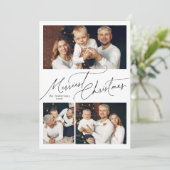 Elegant Script Merry Christmas Family 3 Photo Feestdagenkaart (Staand voorkant)