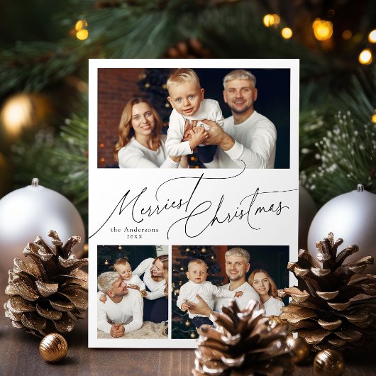 Elegant Script Merry Christmas Family 3 Photo Feestdagenkaart