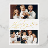 Elegant Script Merry Christmas Family 3 Photo Folie Feestdagenkaart (Voorkant)