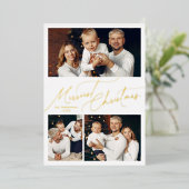 Elegant Script Merry Christmas Family 3 Photo Folie Feestdagenkaart (Staand Voorkant)