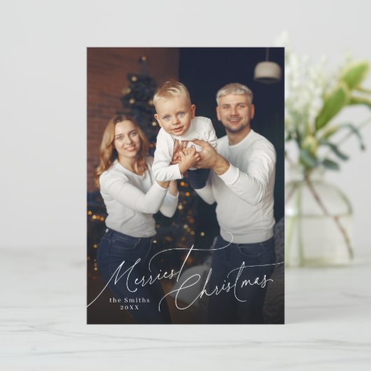 Elegant Script Merry Christmas Family Photo Feestdagenkaart (Staand voorkant)