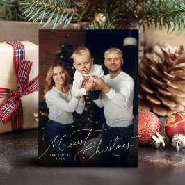 Elegant Script Merry Christmas Family Photo Feestdagenkaart