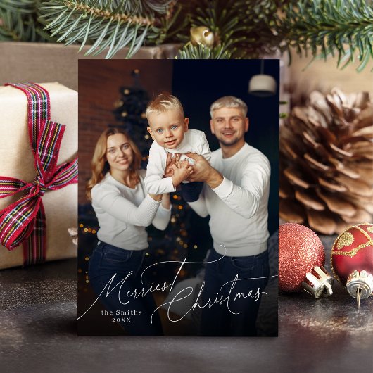 Elegant Script Merry Christmas Family Photo Feestdagenkaart