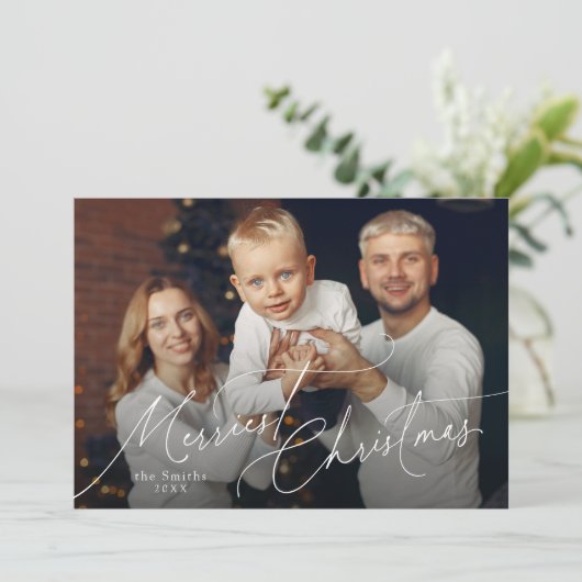 Elegant Script Merry Christmas Family Photo Feestdagenkaart (Staand voorkant)