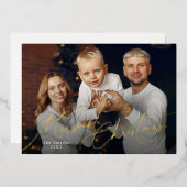 Elegant Script Merry Christmas Family Photo Folie Feestdagenkaart (Voorkant / Achterkant)