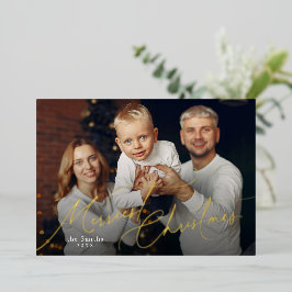 Elegant Script Merry Christmas Family Photo Folie Feestdagenkaart