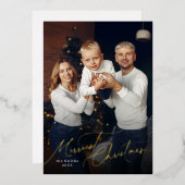 Elegant Script Merry Christmas Family Photo Folie Feestdagenkaart (Voorkant / Achterkant)