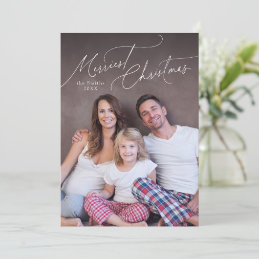 Elegant Script Merry Christmas Family Photo Holida Feestdagenkaart (Staand voorkant)