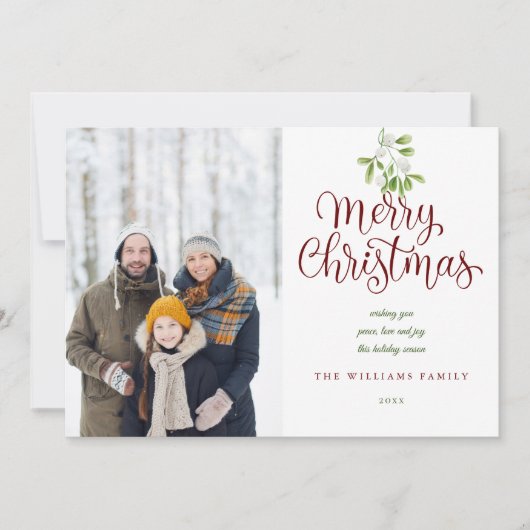 Elegant Script Merry Christmas Mistletoe 2 Foto Feestdagenkaart (Voorkant)