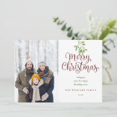 Elegant Script Merry Christmas Mistletoe 2 Foto Feestdagenkaart (Staand voorkant)