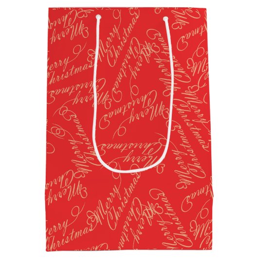 Elegant Script Merry Christmas Pattern/ Red & Gold Medium Cadeauzakje (Achterkant)