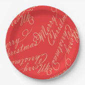 Elegant Script Merry Christmas Pattern/ Red & Gold Papieren Bordje (Voorkant)