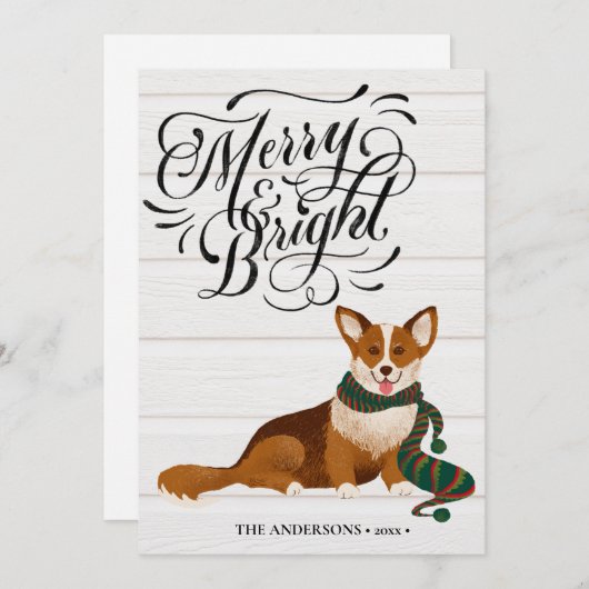 Elegant Script MERRY en BRIGHT Cute Corgi Fun Feestdagenkaart (Voorkant / Achterkant)