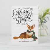 Elegant Script MERRY en BRIGHT Cute Corgi Fun Feestdagenkaart (Staand voorkant)