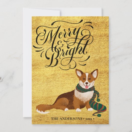 Elegant Script MERRY en BRIGHT Cute Corgi Fun Feestdagenkaart (Voorkant)
