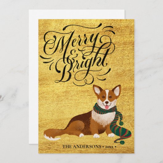Elegant Script MERRY en BRIGHT Cute Corgi Fun Feestdagenkaart (Voorkant / Achterkant)