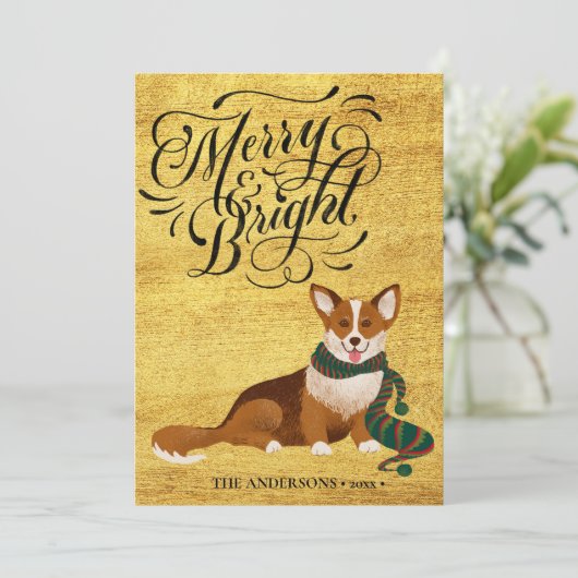 Elegant Script MERRY en BRIGHT Cute Corgi Fun Feestdagenkaart (Staand voorkant)