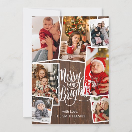Elegant Script Merry en BrightStor 7-fotokerstmis Feestdagenkaart (Voorkant)