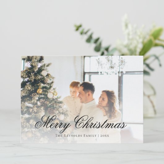 Elegant Script Merry Kerstfoto Feestdagenkaart (Staand voorkant)