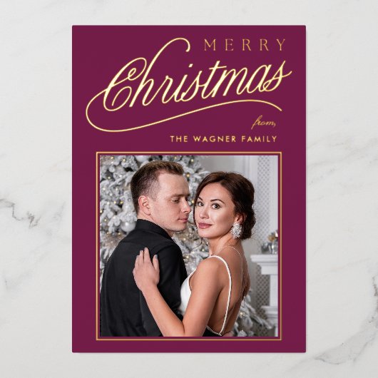 Elegant Script Merry Kerstfoto Folie Feestdagenkaart (Voorkant)