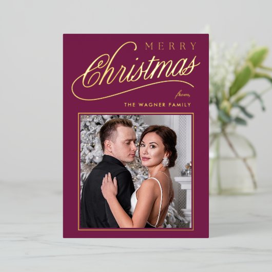 Elegant Script Merry Kerstfoto Folie Feestdagenkaart (Staand Voorkant)