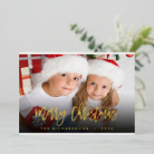 Elegant Script Merry Kerstfotoserie Gold Folie Feestdagenkaart (Staand Voorkant)