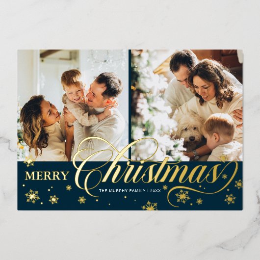 Elegant Script 'Merry Kerstmis' 2 Foto Gold Foil Folie Feestdagenkaart (Voorkant)