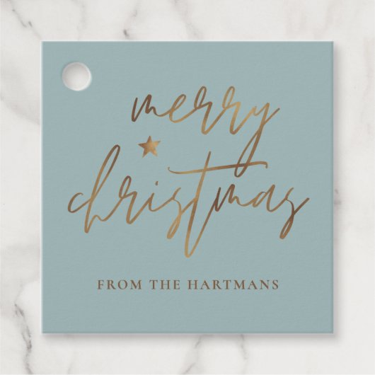 Elegant Script Merry Kerstmis Blauwgroen Star Lite Bedankjes Labels (Voorkant)
