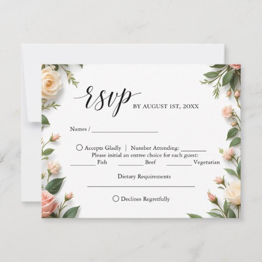 Elegant script met bloemen- en maaltijdkeuze RSVP (Voorkant)