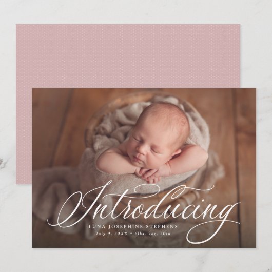 Elegant script met één foto roze geboorte aankondiging (Voorkant / Achterkant)