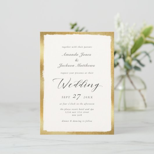 Elegant script met Gold Edge Semi formele bruiloft Kaart (Staand voorkant)