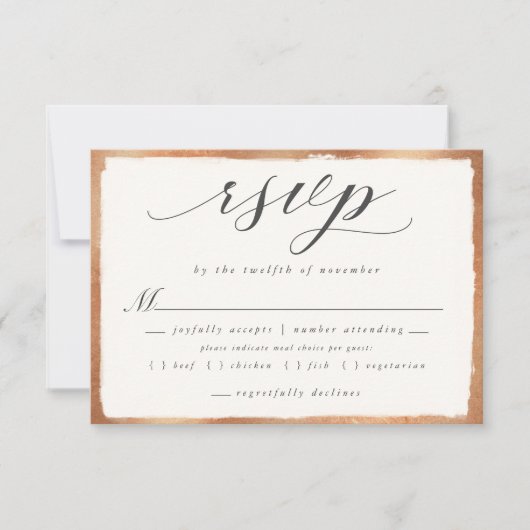 Elegant script met koperen maaltijd keuze bruiloft RSVP kaartje (Voorkant)