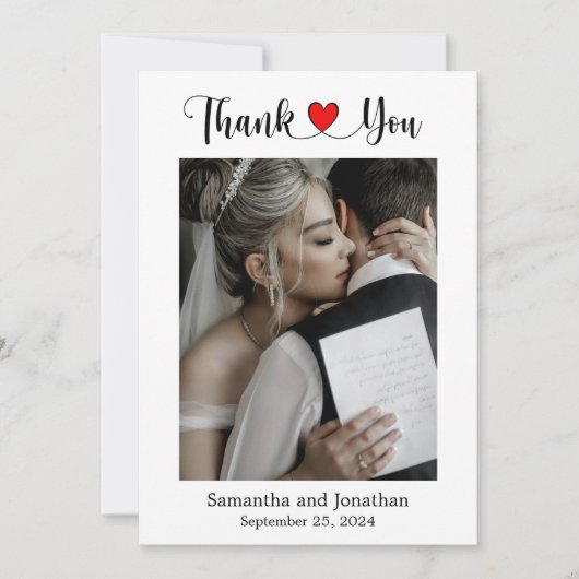 Elegant script met Red Heart Weddenfoto Bedankkaart (Voorkant)