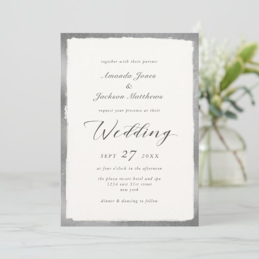 Elegant script met Silver Edge Minimal Wedding Kaart (Staand voorkant)