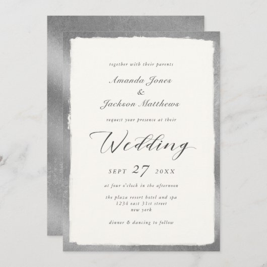 Elegant script met Silver Edge Minimal Wedding Kaart (Voorkant / Achterkant)
