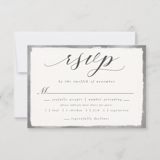 Elegant script met zilveren maaltijd keuze bruilof RSVP kaartje (Voorkant)