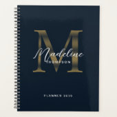 Elegant Script Metaal Navy Blauw Goud Monogram Planner (Voorkant)