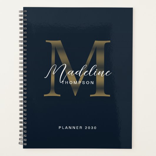 Elegant Script Metaal Navy Blauw Goud Monogram Planner (Voorkant)